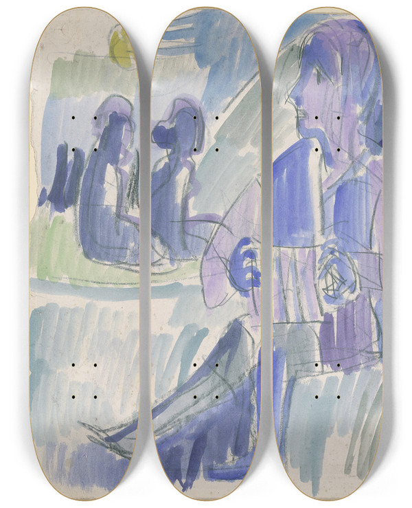 Triptych art skateboard deck of Ernst Ludwig Kirchner Handorgler In Einer Mondnacht by Ernst Ludwig Kirchner (1880-1938)