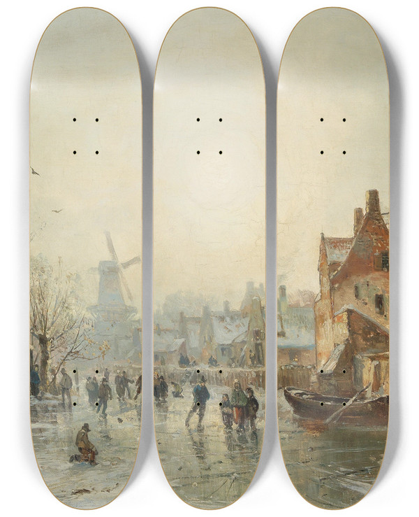Triptych art skateboard deck of Adolf Stademann Winter Pleasures by Adolf Stademann (1824-1895)