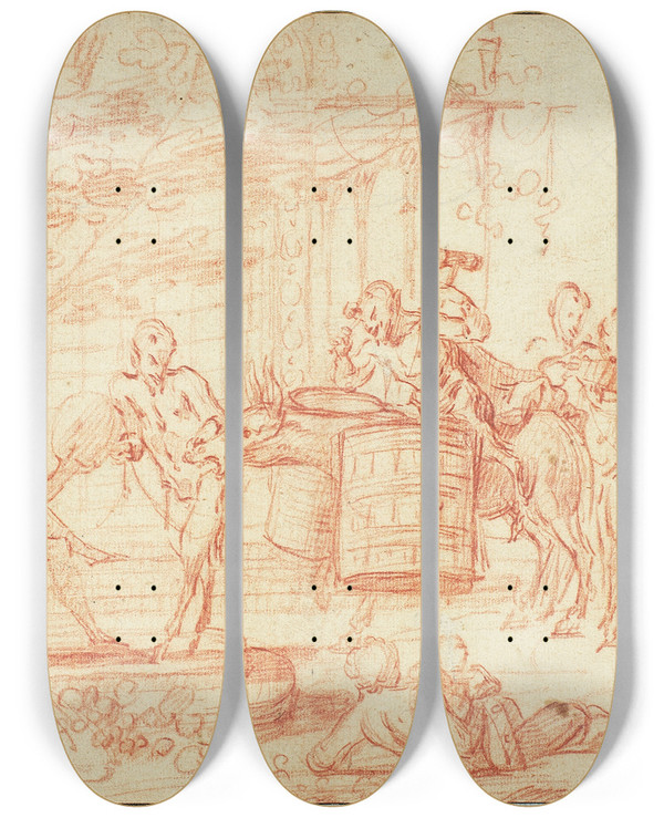 Triptych art skateboard deck of Claude Gillot Bacchanal by Claude Gillot (1673-1722)