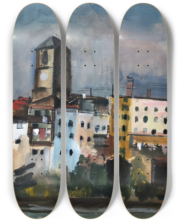 Triptych art skateboard deck of Otto Geigenberger Wasserburg Am Inn Innfront_1 by Otto Geigenberger (1881-1946)