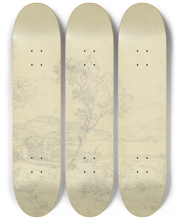 Triptych art skateboard deck of Theodor Pelissier Ansicht Der Festung Portoferraio Auf Der Insel Elba by Theodor Pelissier (1794-1863)