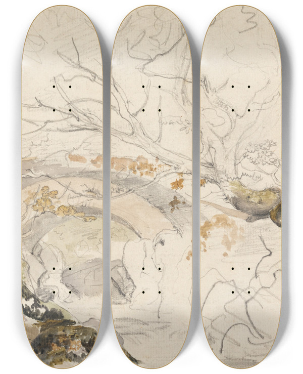 Triptych art skateboard deck of Cornelius Varley Bridge And Trees by Cornelius Varley (1781-1873)
