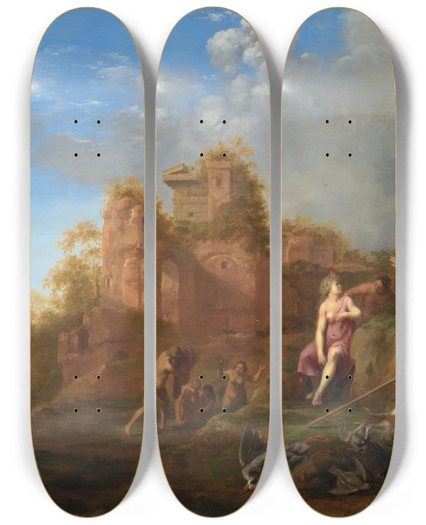 Triptych art skateboard deck of Cornelis Van Poelenburch Diana And Her Nymphs by Cornelis Van Poelenburch (1594-1667)