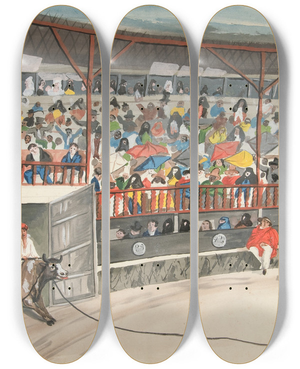Triptych art skateboard deck of Francisco Fierro Bull Fight by Francisco Fierro (1807-1879)