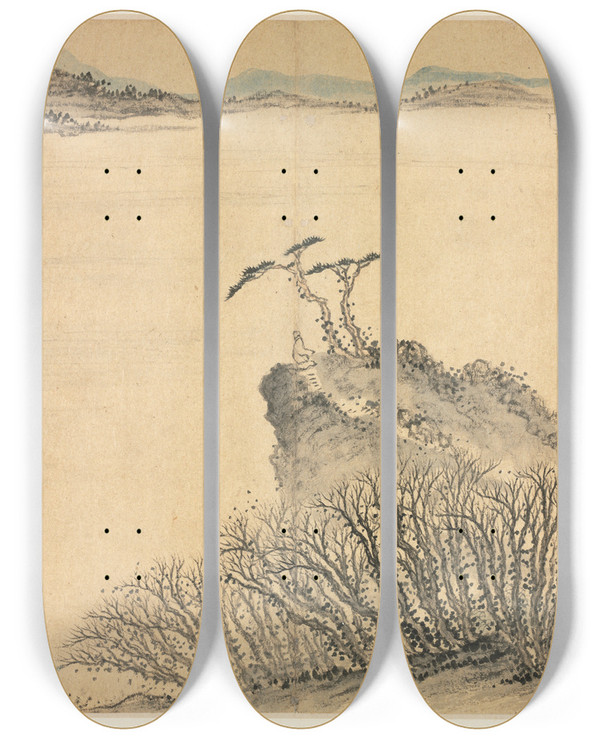 Triptych art skateboard deck of Mei Qing Landscapes In Various Styles After Old Masters 8 by Mei Qing (1623-1697)
