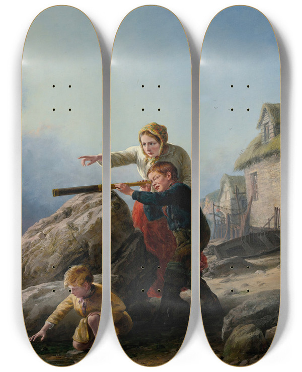 Triptych art skateboard deck of William Bromley Watching For Boats by William Bromley (1835-1888)