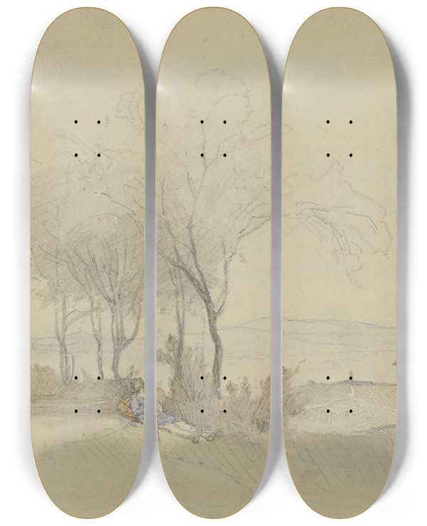 Triptych art skateboard deck of Jakob Frchtegott Dielmann Unter Einer Baumgruppe Liegt Ein Handwerksbursche In Blauem Kittel by Jakob Furchtegott Dielmann (1809-1885)