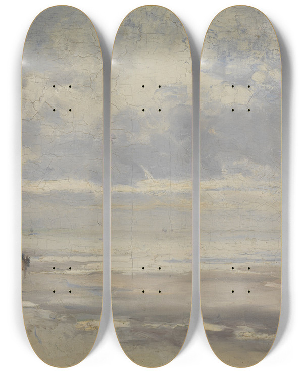 Triptych art skateboard deck of Guillaume Vogels Beach Front by Guillaume Vogels (1836-1896)