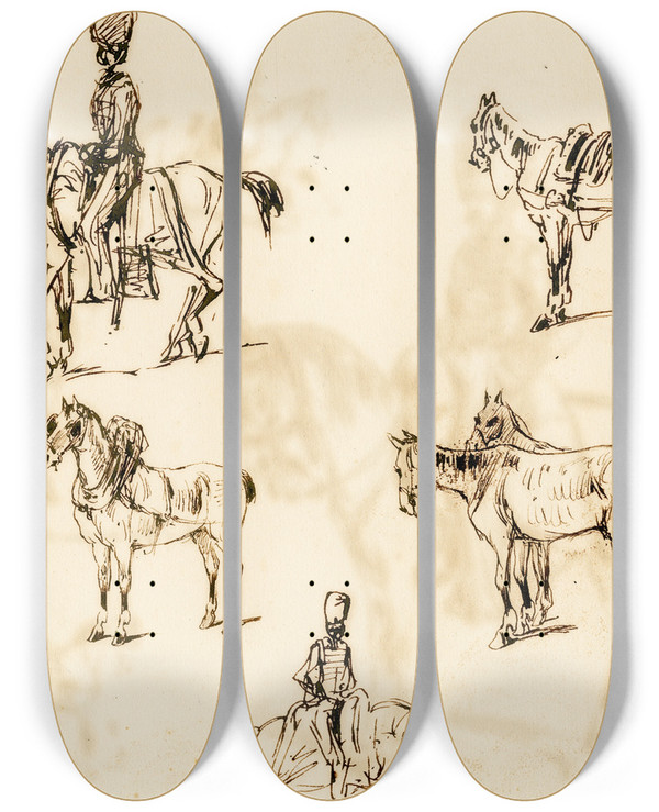 Triptych art skateboard deck of Pieter Van Loon Ruiters Paarden Ea by Pieter Van Loon (1801-1873)