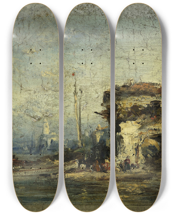 Triptych art skateboard deck of Flix Ziem Vue Ditalie La Vieille Porte by Felix Ziem (1821-1911)
