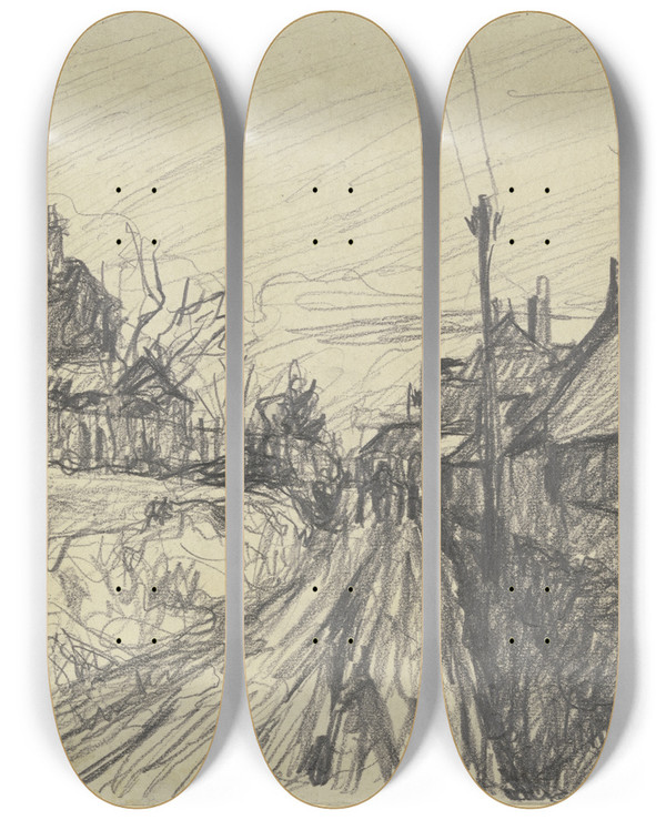 Triptych art skateboard deck of Jakob Nussbaum Farmstead In Ardon_2 by Jakob Nussbaum (1873-1936)
