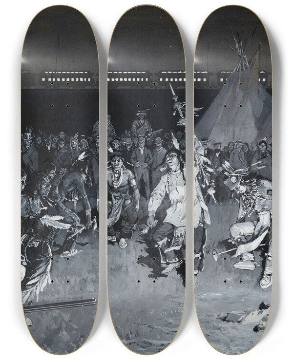 Triptych art skateboard deck of Henry Farny A Dance Of Crow Indians by Henry Farny (1847-1916)