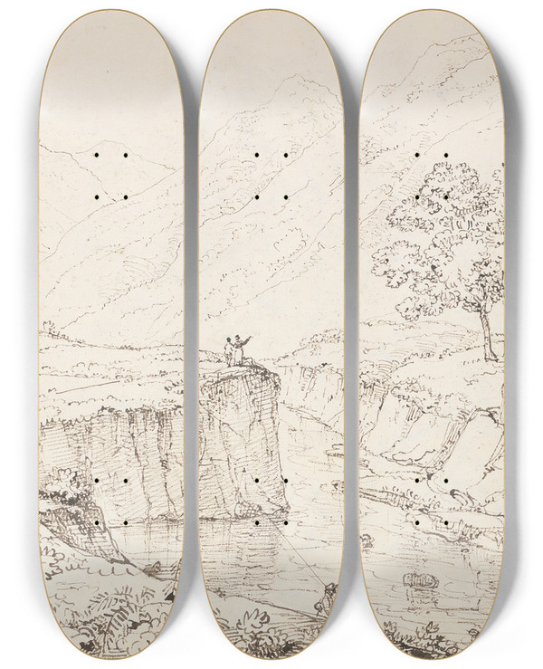 Triptych art skateboard deck of Thomas Hastings Near Eagle Crag by Thomas Hastings (1778-1854)
