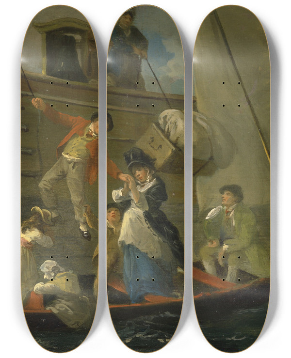 Triptych art skateboard deck of Julius Caesar Ibbetson A Married Sailors Adieu by Julius Caesar Ibbetson (1759-1817)