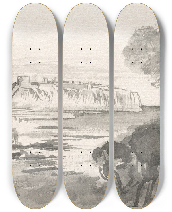 Triptych art skateboard deck of Edward Lear View Across A Bay Monaco by Edward Lear (1812-1888)