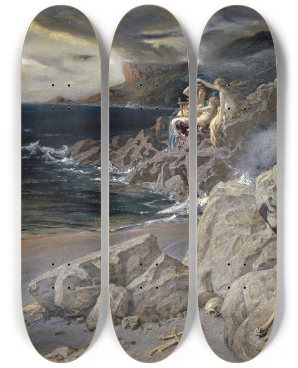 Triptych art skateboard deck of Ernst Stckelberg The Sirens by Ernst Stuckelberg (1831-1903)
