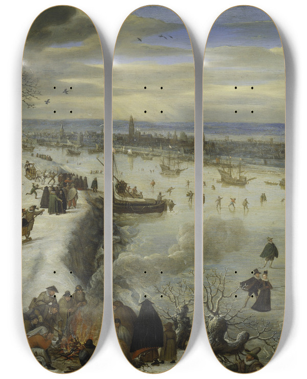 Triptych art skateboard deck of Lucas Van Valckenborch View Of Antwerp With Frozen Schelde by Lucas Van Valckenborch (1530-1597)