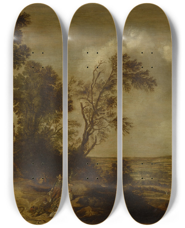 Triptych art skateboard deck of Pieter De Molijn Hilly Landscape With A Country Road by Pieter de Molijn (1595-1661)