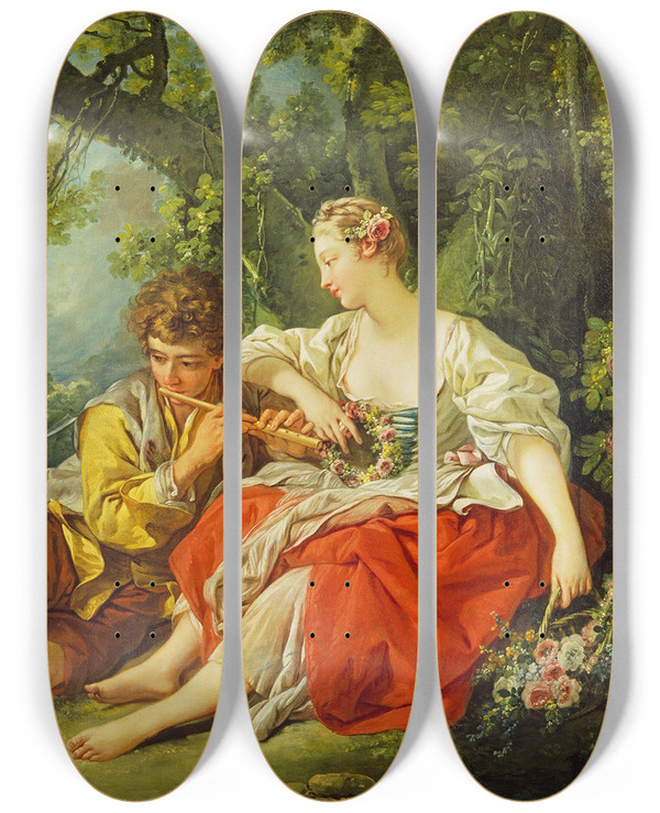 Triptych art skateboard deck of Franois Boucher Shepherd Piping To A Shepherdess by Francois Boucher (1703-1770)