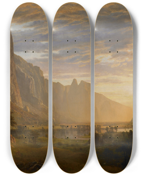 Triptych art skateboard deck of Albert Bierstadt Looking Down Yosemite Valley California by Albert Bierstadt (1830-1902)