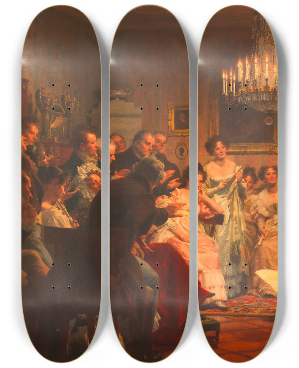 Triptych art skateboard deck of Julius Schmid Ein Schubertabend In Einem Wiener Brgerhause by Julius Schmid (1854-1935)