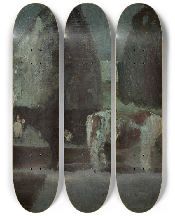 Triptych art skateboard deck of Pedro Figari Jardn Bajo La Luna O Quietud En La Quinta by Pedro Figari (1861-1938)
