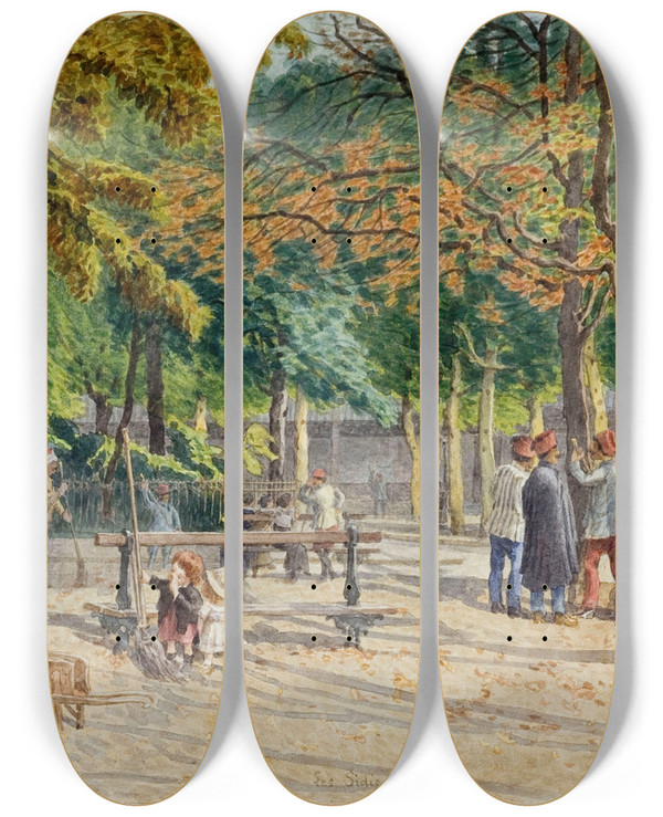 Triptych art skateboard deck of Flix Brard Les Sidis Place Des Ecoles Place Du March Et Square De La Mairie Du 14Me Arrondissement by Felix Brard (19-20-)