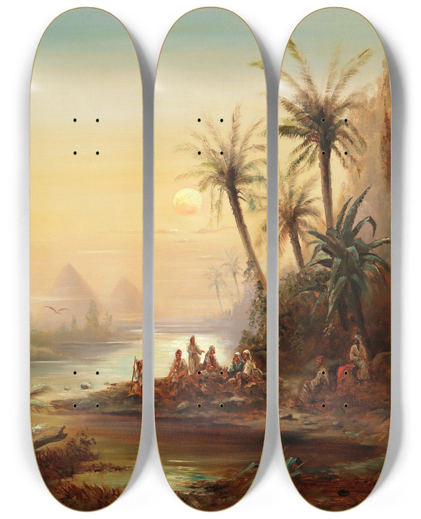 Triptych art skateboard deck of Albert Rieger Evening On The Nile by Albert Rieger (1934-1905)