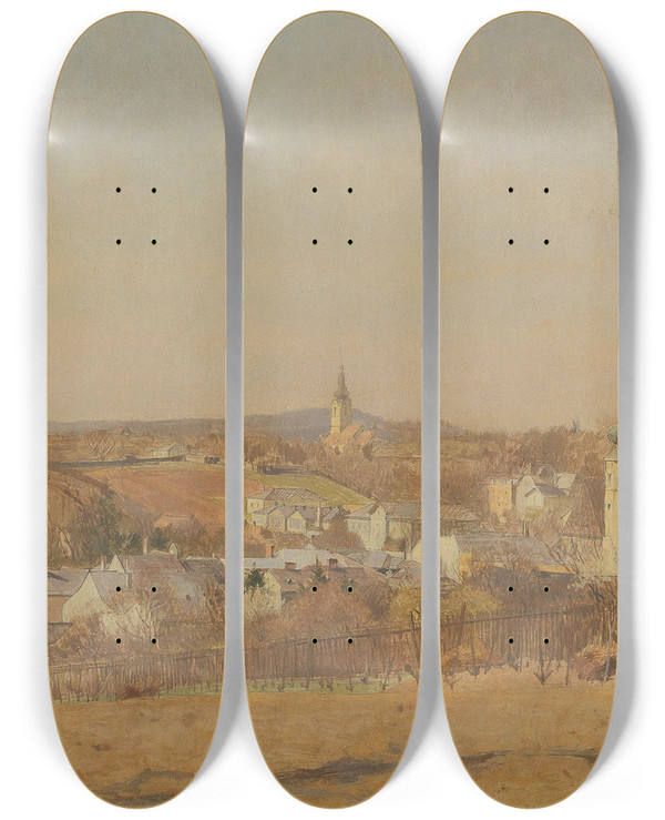 Triptych art skateboard deck of Emanuel Baschny Grinzing In Early Spring by Emanuel Baschny (1876-1932)