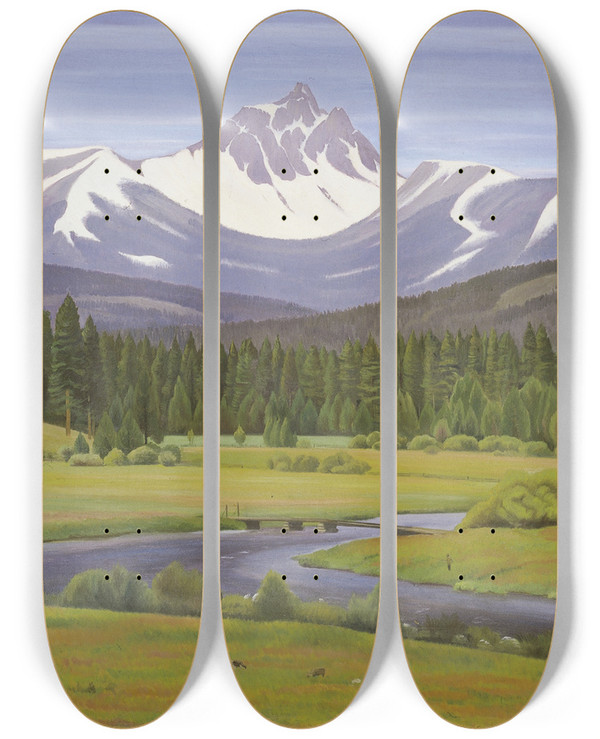 Triptych art skateboard deck of Edward Bruce In The Cascade Mountains by Edward Bruce (1879-1943)