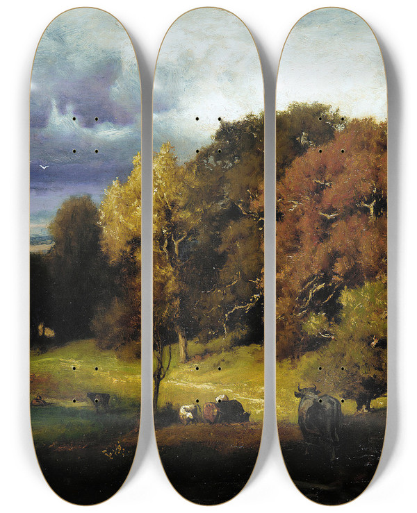 Triptych art skateboard deck of George Inness Autumn Oaks by George Inness (1825-1894)