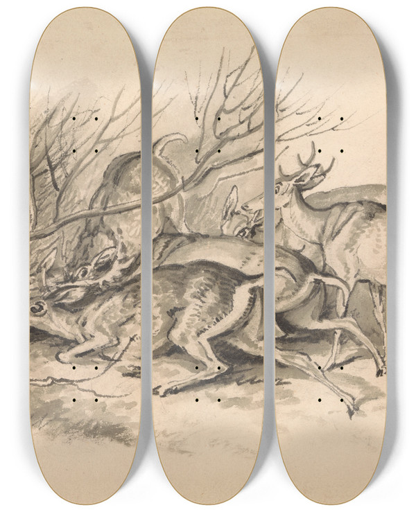 Triptych art skateboard deck of Samuel Howitt Deer Before A Thicket by Samuel Howitt (1756-1822)