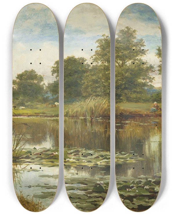 Triptych art skateboard deck of Benjamin Williams Leader Water Lillies by Benjamin Williams Leader (1831-1923)