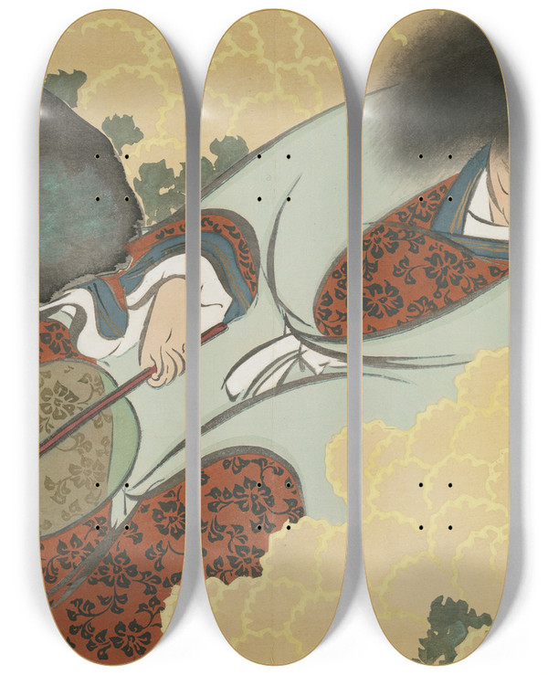 Triptych art skateboard deck of Kamisaka Sekka Chrysanthemum Boy Kikuji Doji by Kamisaka Sekka (1866-1942)