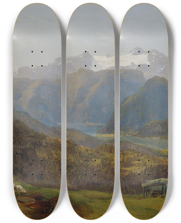 Triptych art skateboard deck of Friedrich Loos Blick Von Der Htteneckalm Auf Den Hallsttter See Und Den Dachstein by Friedrich Loos (1797-1890)