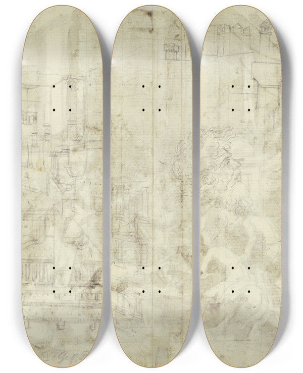 Triptych art skateboard deck of Michel Corneille The Younger Architectural Brochures by Michel Corneille The Younger (1642-1708)