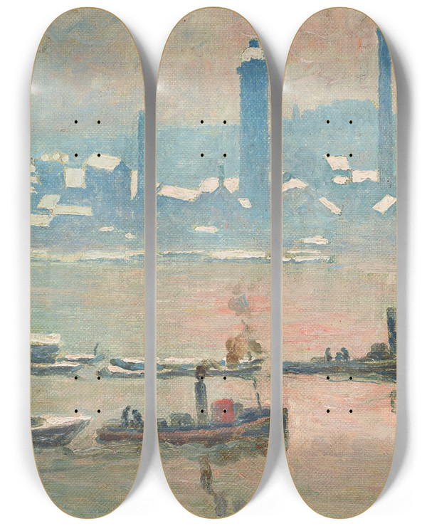 Triptych art skateboard deck of Emile Claus La Tamise Sous La Neige by Emile Claus (1849-1924)