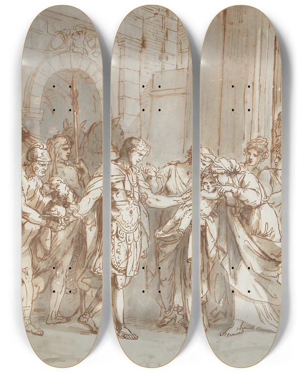 Triptych art skateboard deck of Franc Kavi The Farewell Between Hector And Andromache by Franc Kavcic (1755-1828)