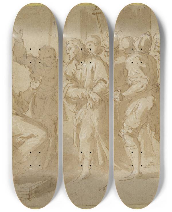 Triptych art skateboard deck of Jacopo Palma Il Giovane Christ Before Caiaphas by Jacopo Palma Il Giovane (1548-1628)