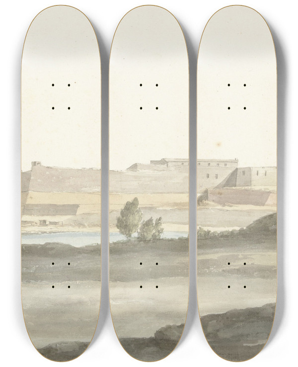 Triptych art skateboard deck of Abrahamlouisrodolphe Ducros Gezicht Op Het Kasteel In De Haven Van Barletta by Abraham-Louis-Rodolphe Ducros (1748-1810)