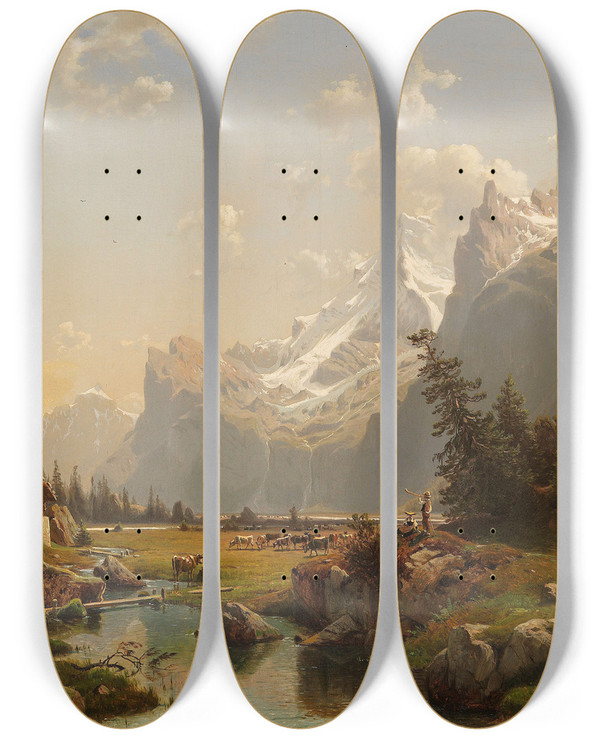 Triptych art skateboard deck of Johannes Bartholomus Duntze Das Gasterntal Im Berner Oberland by Johannes Bartholomaus Duntze (1823-1895)