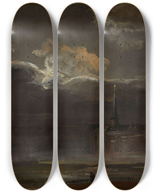 Triptych art skateboard deck of Johan Christian Dahl Dresden In Moonlight by Johan Christian Dahl (1788-1857)