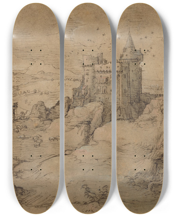 Triptych art skateboard deck of Matthys Cock Landscape With Castle Above A Harbor by Matthys Cock (1505-1548)