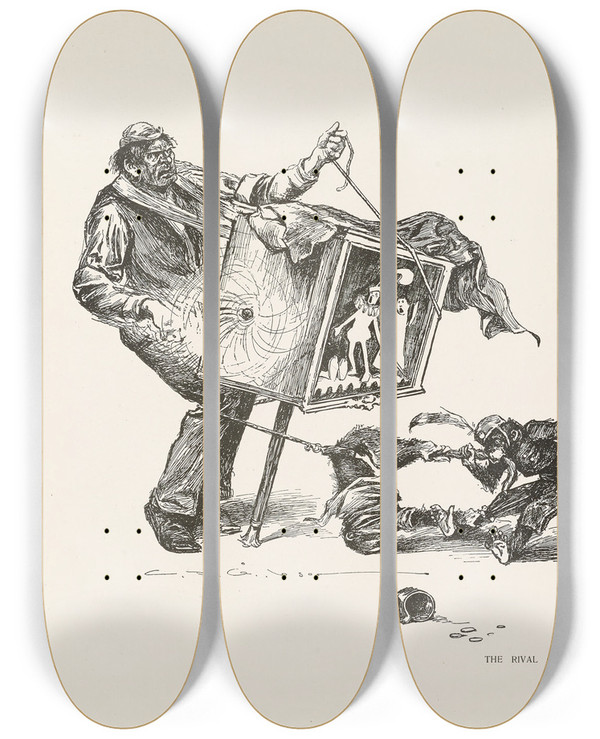 Triptych art skateboard deck of Charles Dana Gibson The Rival Operas by Charles Dana Gibson (1867-1944)