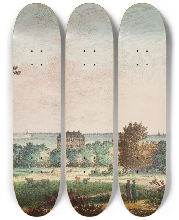 Triptych art skateboard deck of Elias Meyer Bernstorff Fra Fortunen by Elias Meyer (1723-1785)