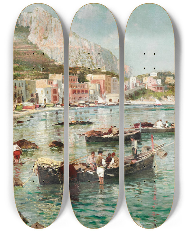 Triptych art skateboard deck of Attilio Pratella Capri Marina Grande by Attilio Pratella (1856-1949)
