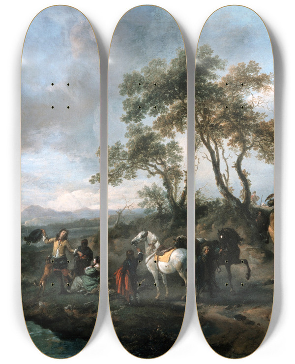Triptych art skateboard deck of Philips Wouwerman Halt Of A Hunting Party by Philips Wouwerman (1619-1668)