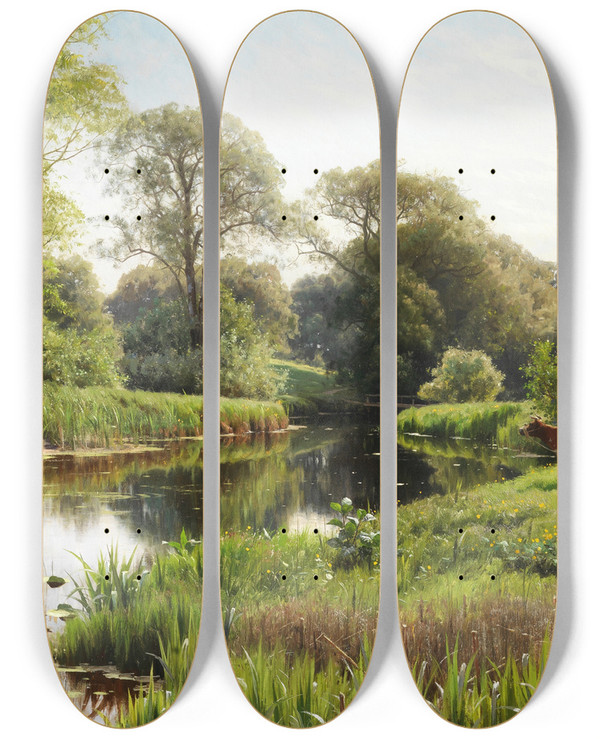 Triptych art skateboard deck of Peder Mrk Mnsted By The River by Peder Mork Monsted (1859-1941)