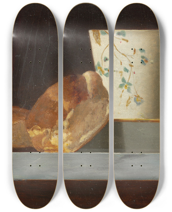 Triptych art skateboard deck of John Frederick Peto Breakfast by John Frederick Peto (1854-1907)