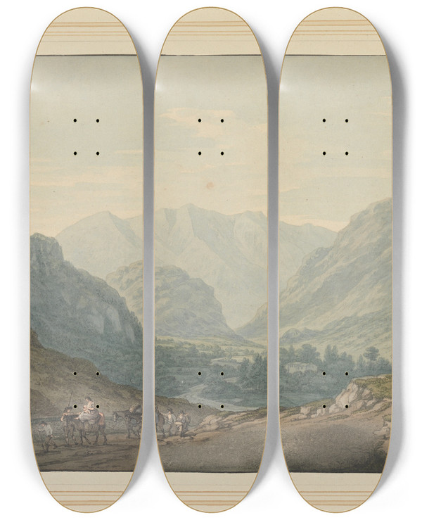 Triptych art skateboard deck of Joseph Farington No View On The Road From Ambleside To Keswick From 6 Mile Stone by Joseph Farington (1747-1821)